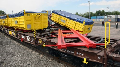Obrázek 24: Železniční vůz Slps s pootočeným rámem ACTS kontejneru (AWT, 2018) 