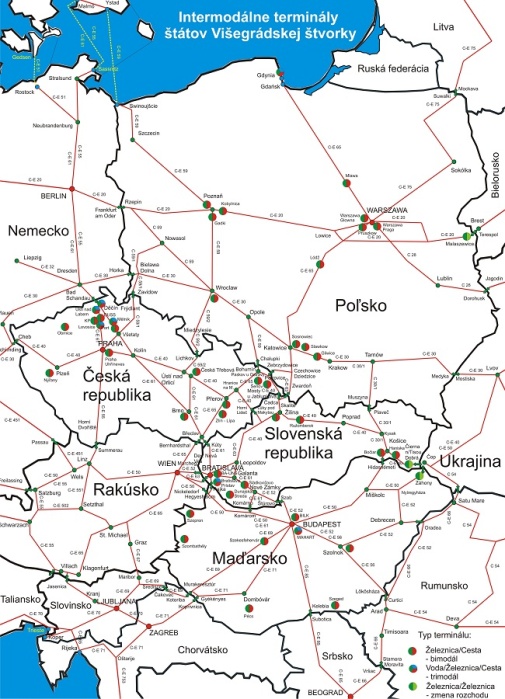 Obrázek 27: Mapa terminálů multimodální dopravy v zemích Visegradské skupiny (Intermodal, 2018)