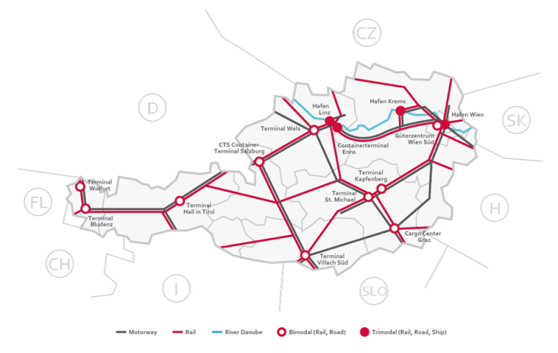 Obrázek 28: Mapa terminálů multimodální dopravy v Rakousku (Ministry for Transport, Innovation and Technology, 2018)