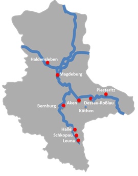 Obrázek 29: Mapa terminálů multimodální dopravy v německé spolkové zemi Sasko-Anhaltsko (Fraunhofer IFF & UNICONSULT, 2014)