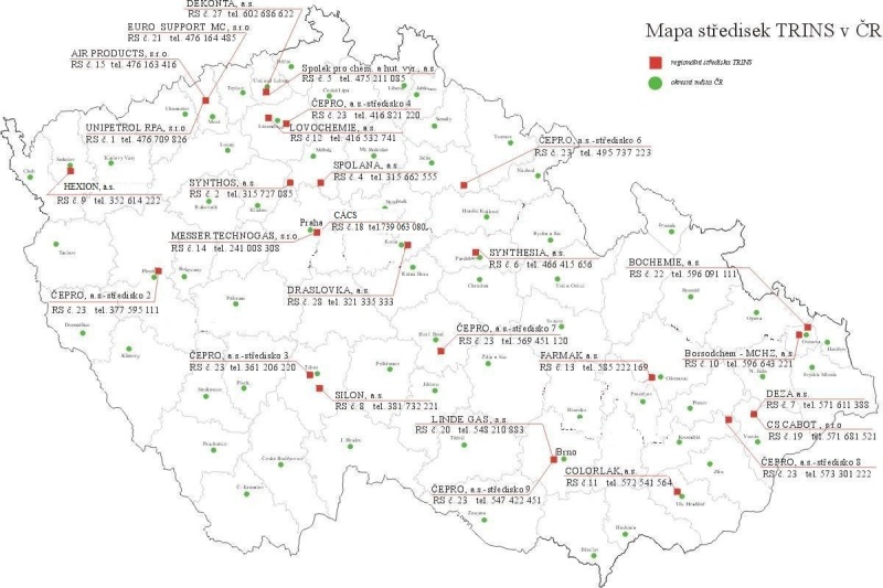 Obrázek 38: Mapa středisek TRINS v ČR (Unipetrol RPA, 2018)